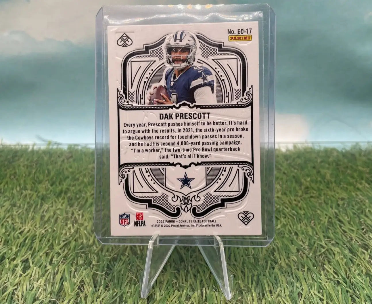 Dak Prescott football card from 2022 Panini Donruss Elite for Dallas Cowboys fans