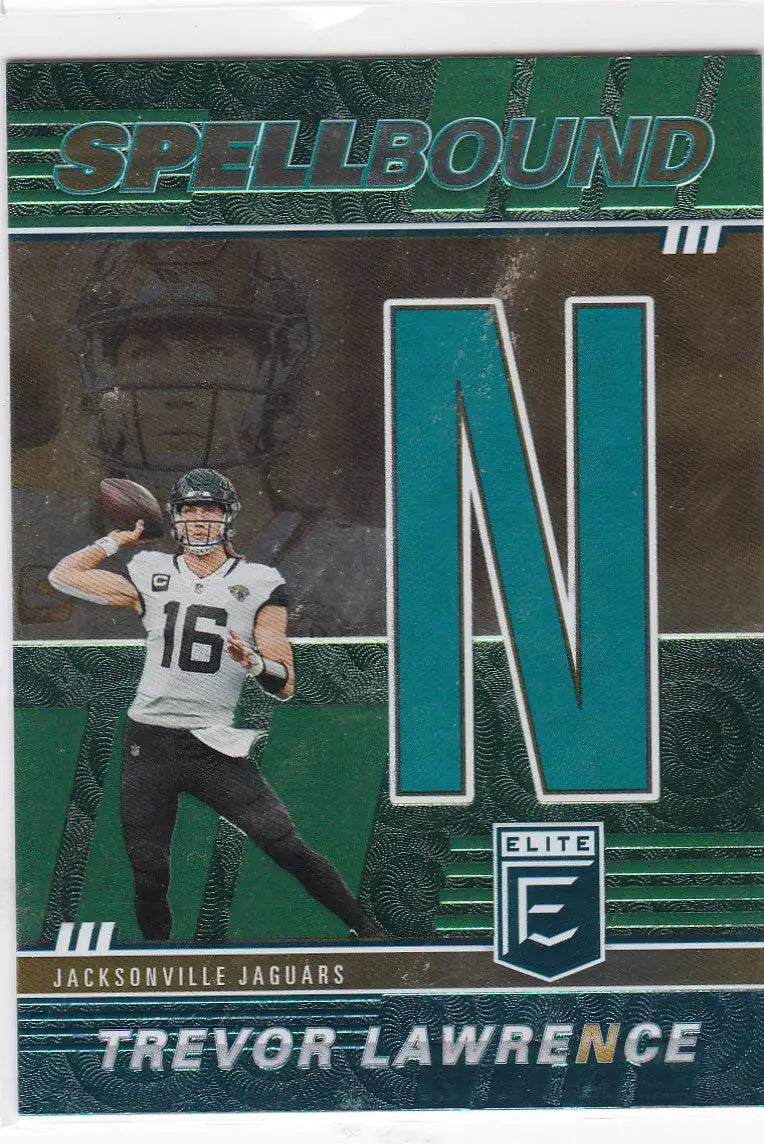 Football trading card of Trevor Lawrence in black uniform, Panini Donruss Elite Jaguars