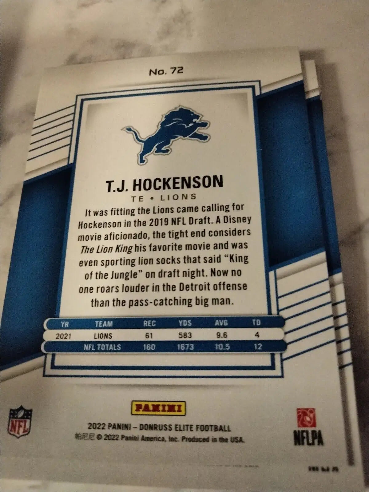 2022 Panini Donruss Elite TJ Hockenson #72 Detroit Lions Football Card display image