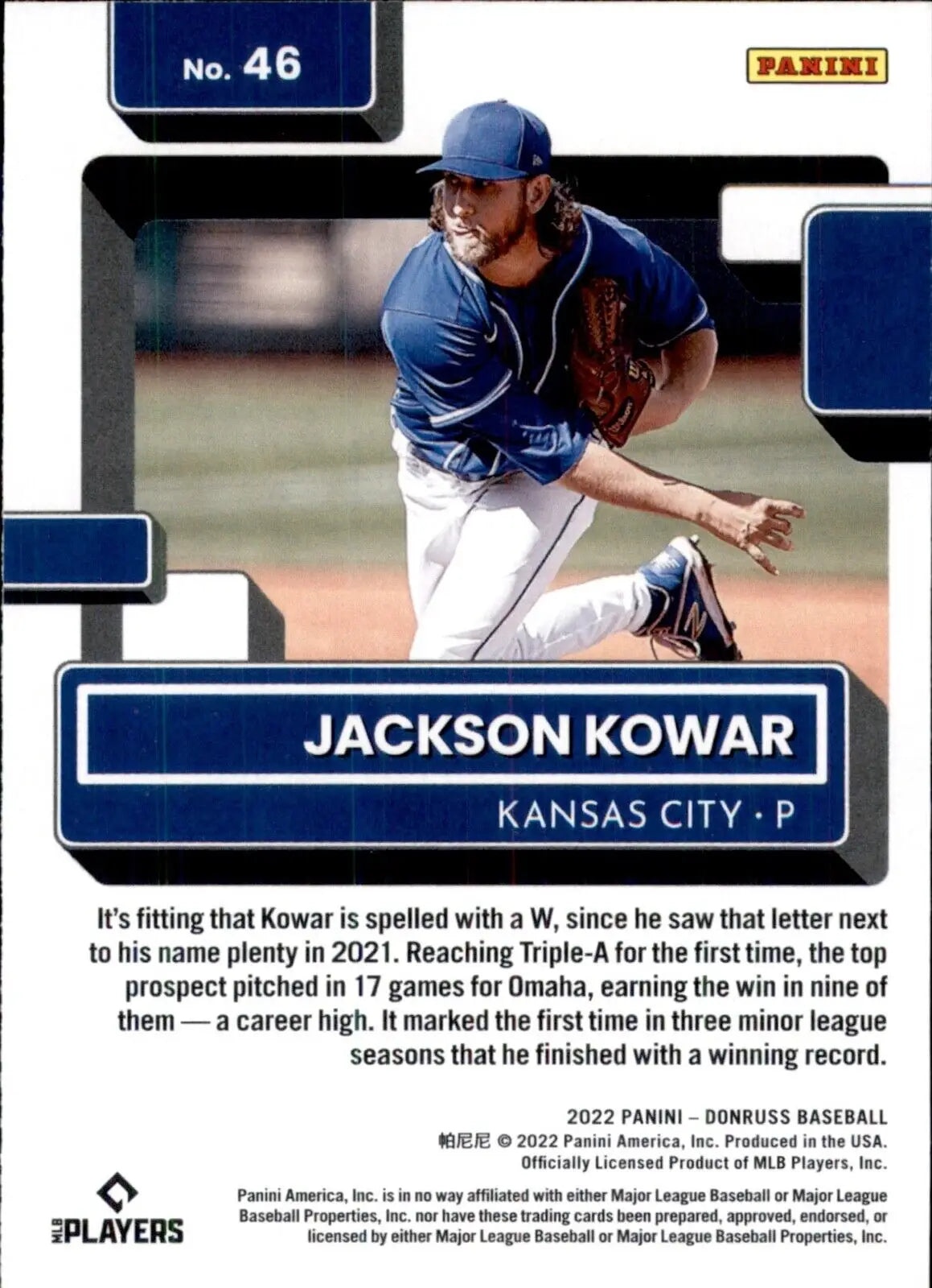 Jackson Kowar Rated Rookie Kansas City Royals #46 Baseball Card from 2022 Panini Donruss