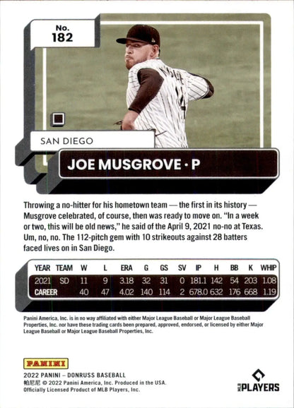 Joe Musgrove San Diego Padres baseball card from 2022 Panini Donruss Joe series