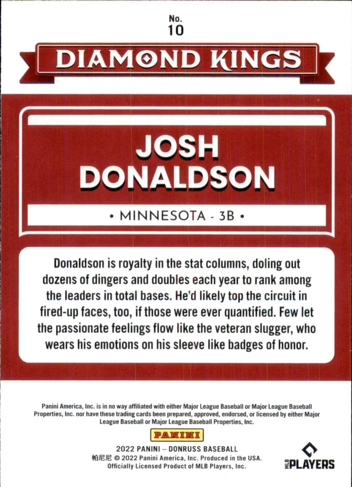 Josh Donaldson Diamond Kings card from 2022 Panini Donruss collection