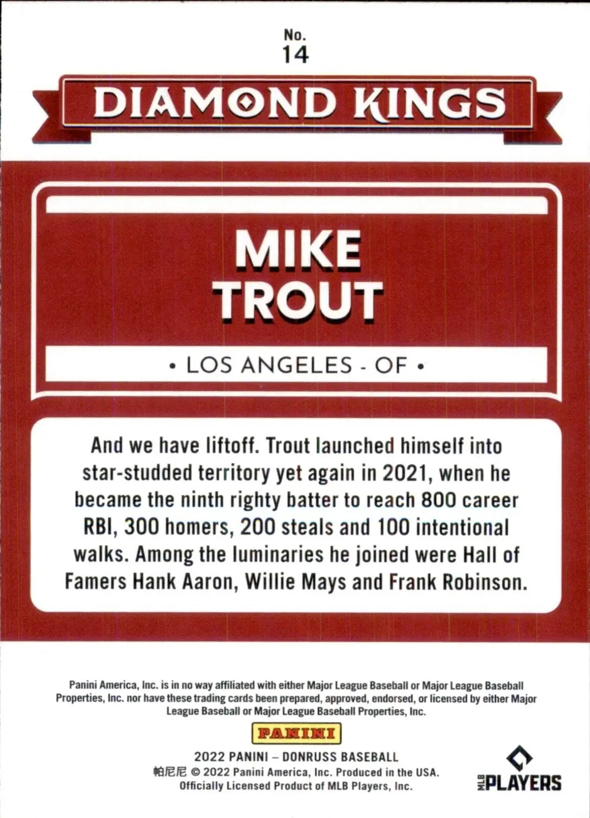 Back of 2022 Panini Donruss Mike Trout Diamond Kings Baseball card #14 Los Angeles Angels