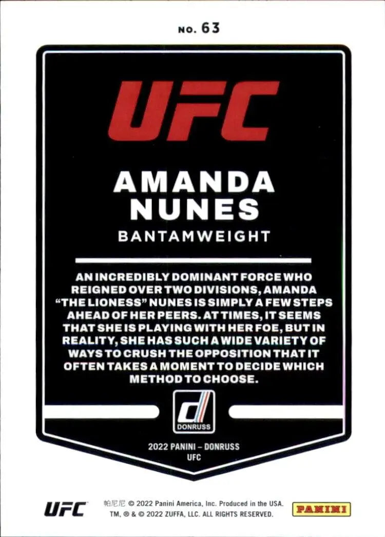 Amanda Nunes UFC trading card from 2022 Panini Donruss UFC #63 Sports Cards NM