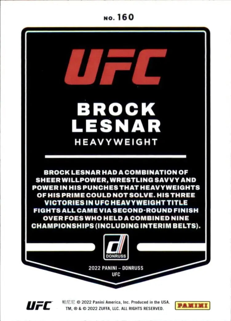 UFC trading card showcasing Brock Lesnar’s stats from 2022 Panini Donruss UFC set