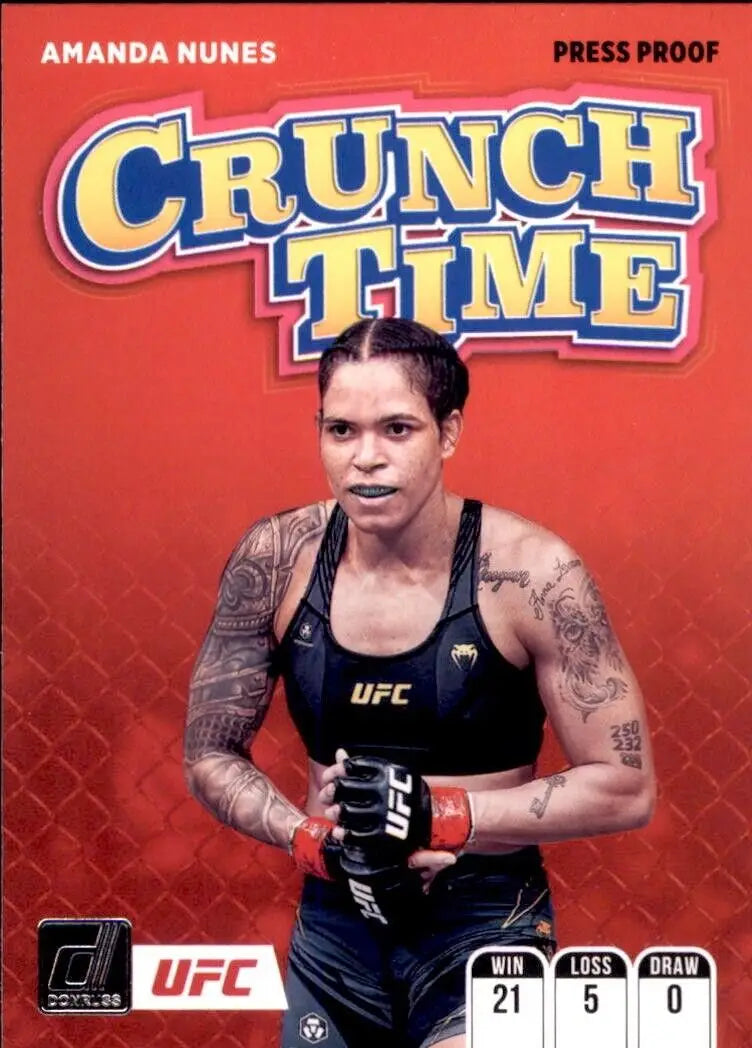 UFC trading card of Amanda Nunes in black tank top with Donruss UFC Crunch Time design