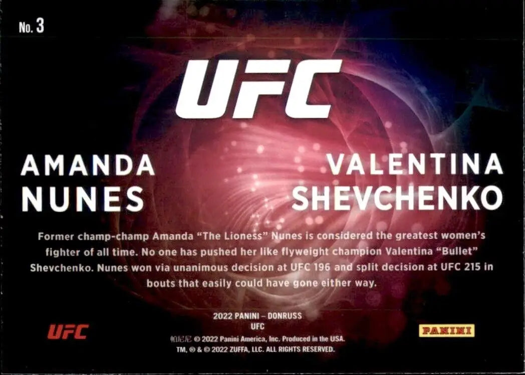 2022 Donruss UFC Duos trading card featuring Amanda Nunes and Valentina Shevchenko