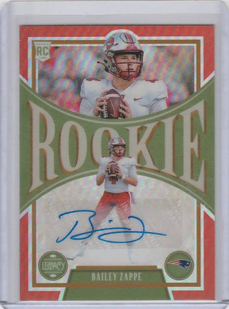 Football trading card of Bailey Zappe in white uniform, 2022 Panini Legacy Auto Orange