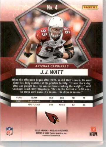 2022 Panini Mosaic J.J. Watt football card with original gloss showcasing Cardinals ID:49351