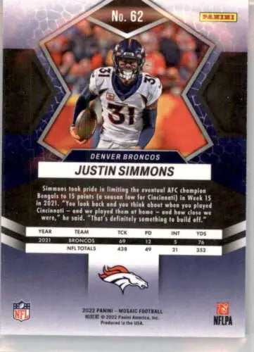 Justin Simmons football card from 2022 Panini Mosaic with original gloss features