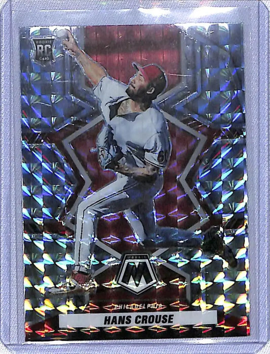 Holographic Panini Mosaic Prizm card of Hans Crouse pitching in a white uniform