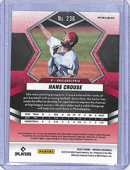 Baseball trading card of Hans Crouse in white and red uniform from Panini Mosaic Prizm