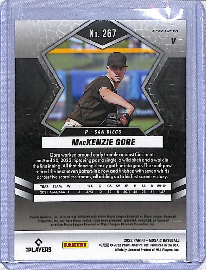 Mosaic Prizm Baseball trading card of MacKenzie Gore in black Padres uniform