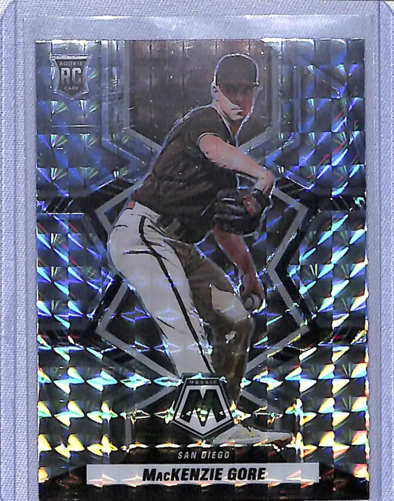 Baseball card of Mackenzie Gore in black uniform with mosaic prizm design for San Diego Padres