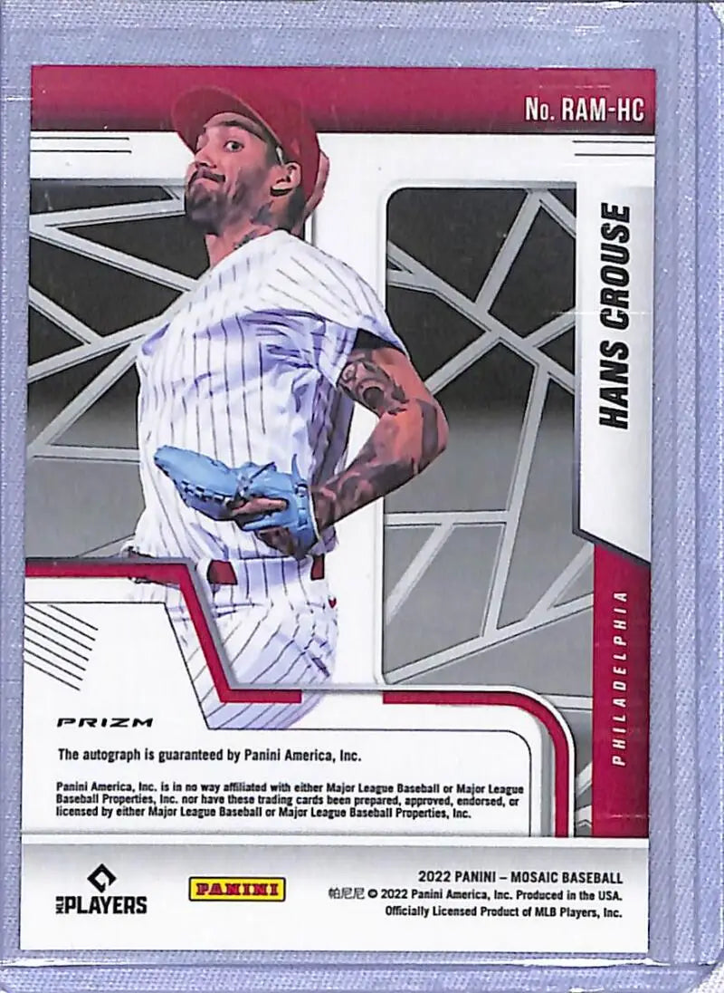 Hans Crouse in pinstriped uniform fielding, featured on 2022 Panini Mosaic rookie card