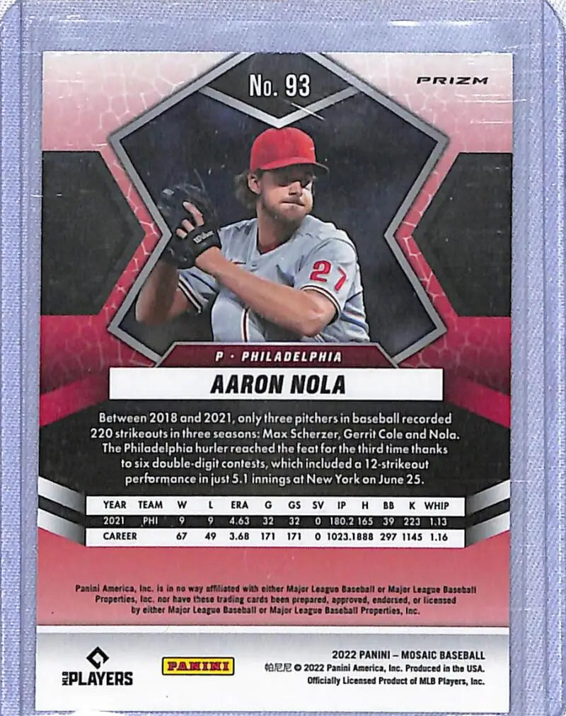 Baseball card of Aaron Nola in a red cap, gray uniform, Philadelphia Phillies Panini Mosaic Prizm