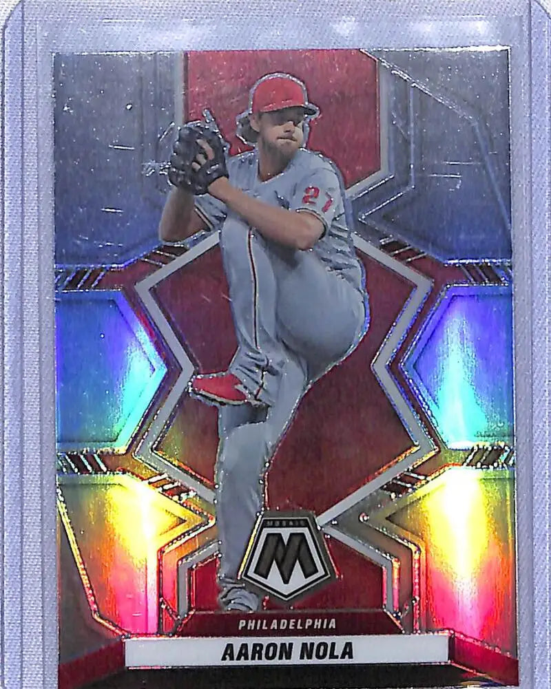 Baseball trading card of Aaron Nola in gray uniform, Panini Mosaic Prizm finish