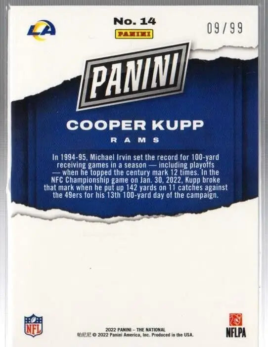 Panini National Convention Football card of Cooper Kupp, LA Rams, numbered 09/99