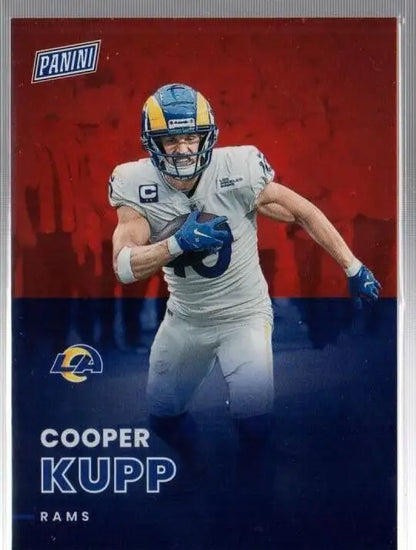 Football trading card of Cooper Kupp in white uniform from Panini National Convention