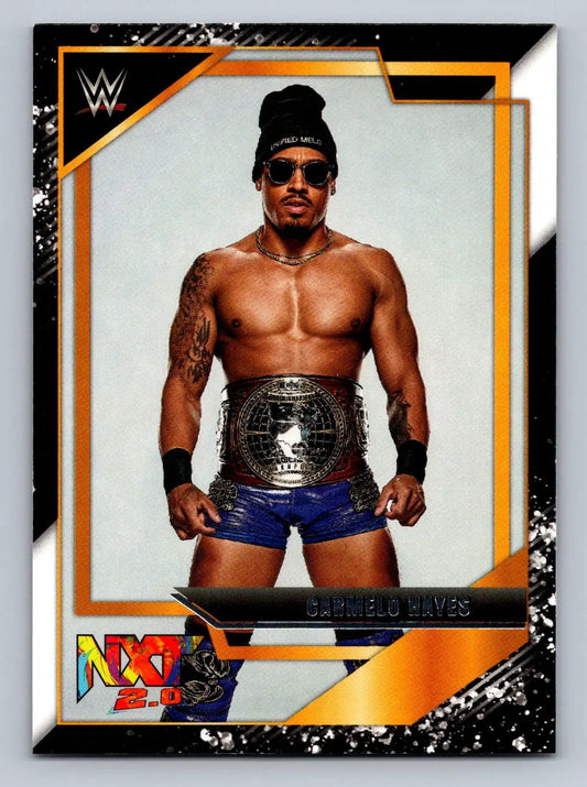 Carmelo Hayes wrestling card from 2022 Panini NXT 2.0 WWE series #21 NXT Gold