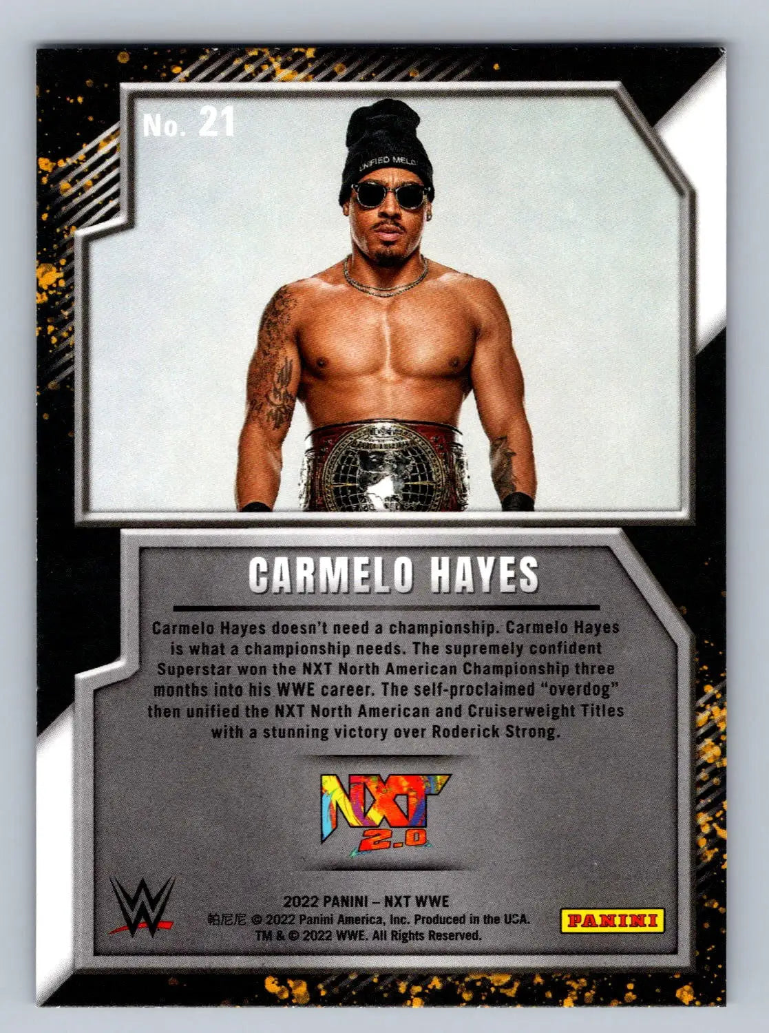 Carmelo Hayes wrestling card from 2022 Panini NXT 2.0 WWE #21 NXT Gold