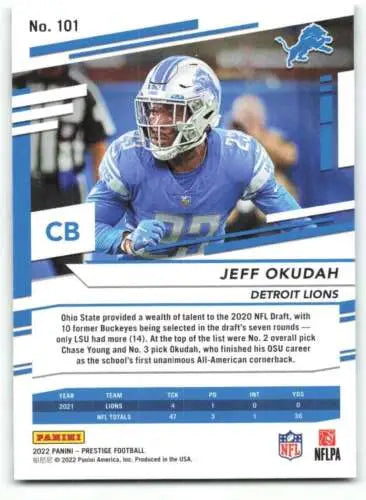 NFL trading card of Jeff Okudah in blue Lions jersey, Panini Prestige original gloss