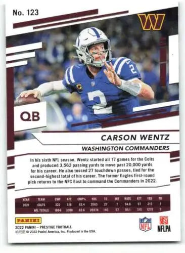 Carson Wentz football card from 2022 Panini Prestige with original gloss finish