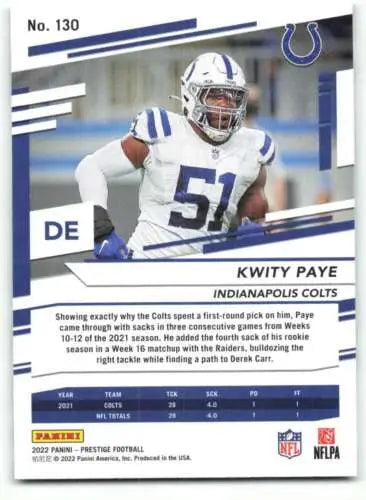 Kwity Paye football card from 2022 Panini Prestige featuring original gloss finish