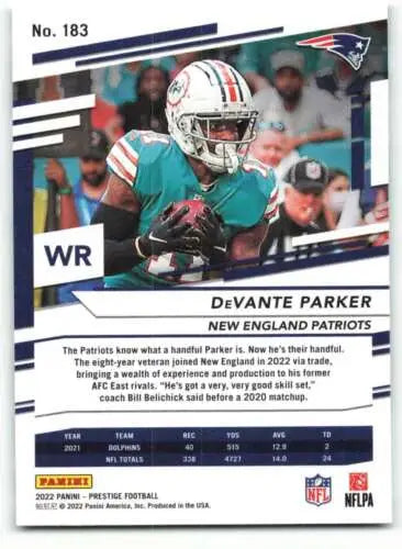 NFL trading card of DeVante Parker in teal uniform from Panini Prestige collection