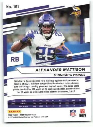 2022 Panini Prestige #191 Alexander Mattison football card with original gloss finish