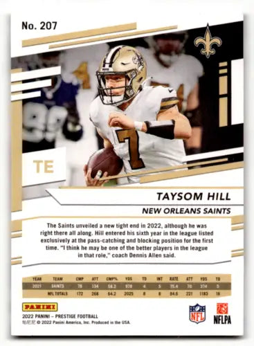 NFL trading card of Taysom Hill in white uniform from 2022 Panini Prestige original gloss