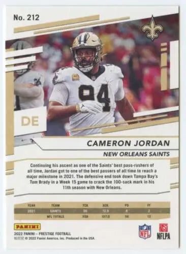 Cameron Jordan football card from 2022 Panini Prestige featuring original gloss finish