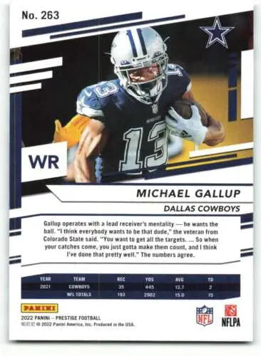 Michael Gallup football card from 2022 Panini Prestige showcasing original gloss detail