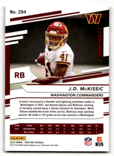 J.D. McKissic football card from 2022 Panini Prestige in Near Mint condition