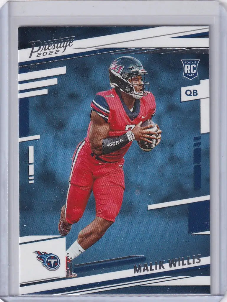 Football trading card of Malik Willis Tennessee Titans in red uniform from Panini Prestige