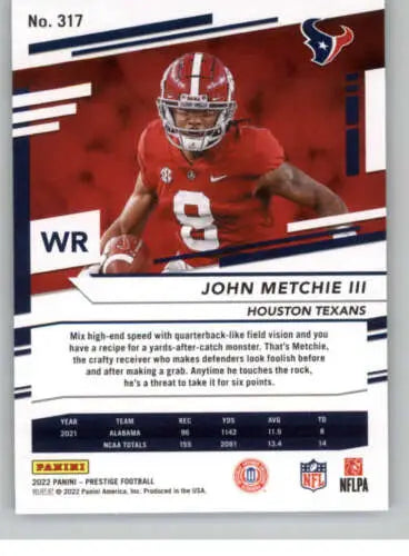 John Metchie III Panini Prestige rookie card with original gloss, NM-MT condition