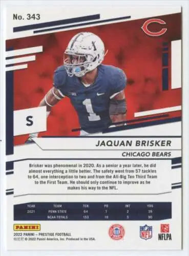 Jaquan Brisker football card from 2022 Panini Prestige NM-MT RC displaying original gloss