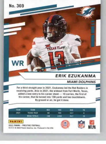 2022 Panini Prestige Erik Ezukanma Rookie Card with original gloss, Dolphins ID 52206