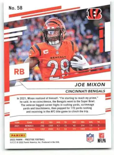 2022 Panini Prestige #58 Joe Mixon football card with original gloss, Bengals collectible