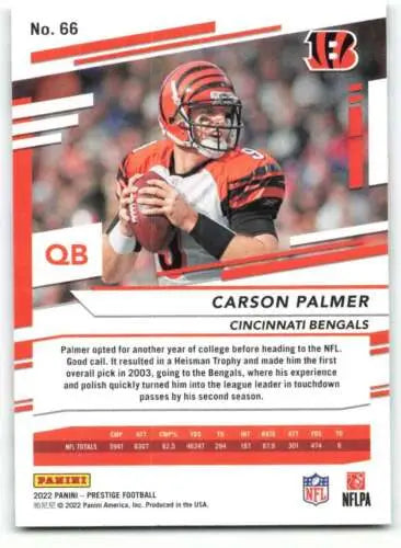 Carson Palmer football card from 2022 Panini Prestige with original gloss, Bengals design