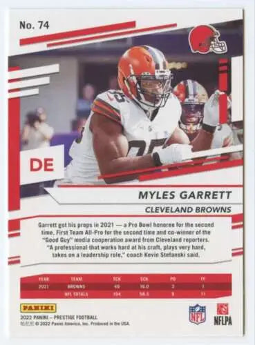 Myles Garrett football card from 2022 Panini Prestige, showcasing original gloss finish