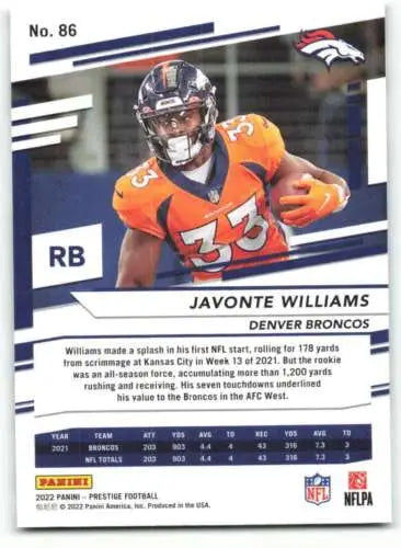 Javonte Williams football card from 2022 Panini Prestige with original gloss finish