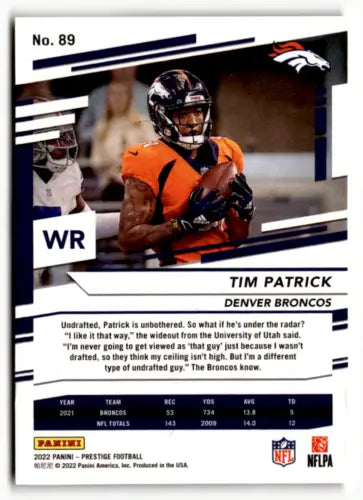 Tim Patrick football card from 2022 Panini Prestige with original gloss finish