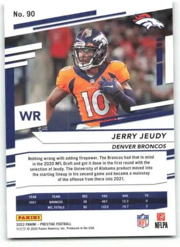 NFL trading card of Jerry Jeudy in orange jersey, Panini Prestige original gloss