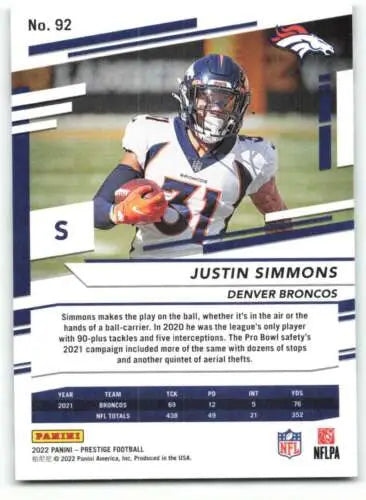 2022 Panini Prestige #92 Justin Simmons NM-MT original gloss trading card Broncos