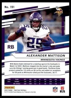 Alexander Mattison football card from 2022 Panini Prestige Minnesota Vikings #191