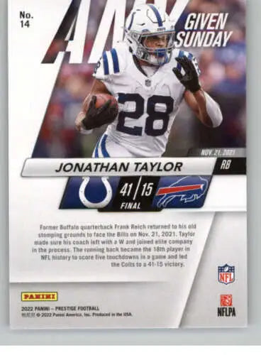 Football trading card of Jonathan Taylor from Panini Prestige Any Given Sunday series