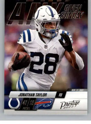 NFL trading card of Jonathan Taylor in white uniform from Panini Prestige Any Given Sunday