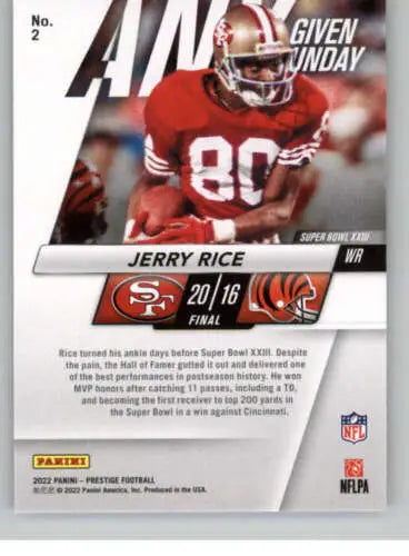 Football trading card of Jerry Rice in red uniform, Panini Prestige original gloss