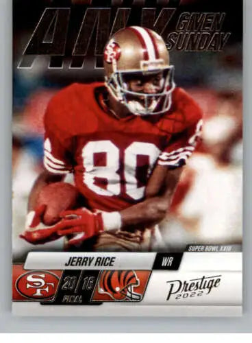 Original gloss Panini Prestige card of Jerry Rice in 49ers red jersey carrying the ball